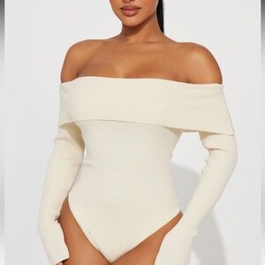 Fashion Nova Cream Off-Shoulder Bodysuit